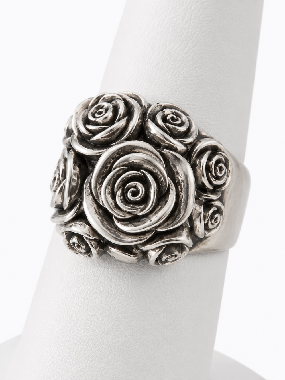 Sterling Silver Rose Cluster Ring - Silver Floral Statement size 10